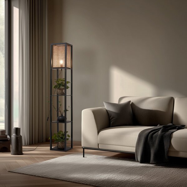 Stojací Lampa Lindby, Birta, Černá, Obývací pokoj, Dřevo, Moderní