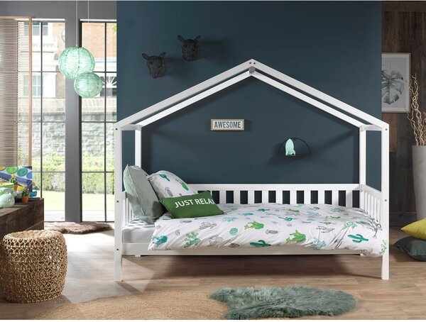 Bílá domečková dětská postel z borovicového dřeva s výsuvným lůžkem a úložným prostorem 90x200 cm DALLAS – Vipack