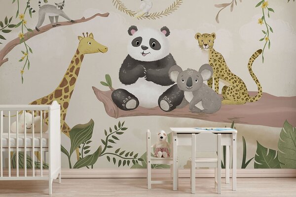 Fototapety Roztomilá zvířátka z džungle na větvi mezi rostlinami, Fototapety dětské, w05393 : uwalls.cz