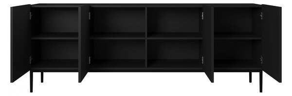 Moderní komoda Nicole 200 cm čtyřdveřová s ryhovaným čelem - černá matná / černé nohy