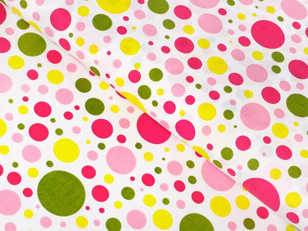 Bavlněná látka/plátno Sandra SA-209 Růžové a žluté puntíky na bílém - šířka 145 cm