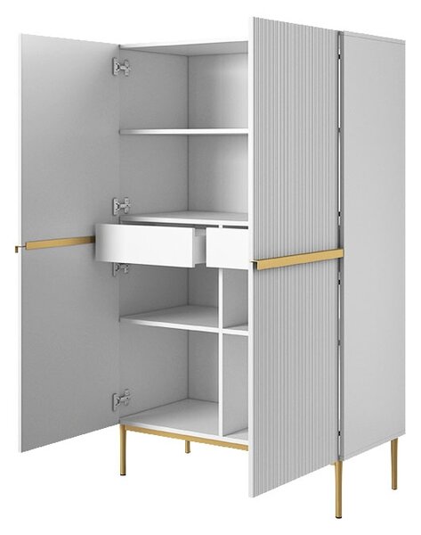 Vysoká komoda Nicole 100 cm dvoudveřová s ryhovaným čelem - bílý mat / zlaté nožky