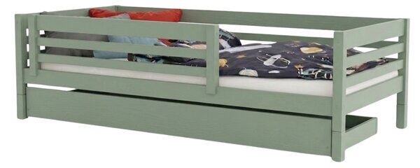Vysoká dětská dřevěná postel TULY se zábranou a úložným šuplíkem 90x200 + matrace WAVE - Nelakovaná, S otevřeným vstupem