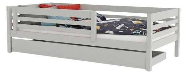 Vysoká dětská dřevěná postel TULY se zábranou a úložným šuplíkem 90x200 + matrace WAVE - Nelakovaná, S otevřeným vstupem