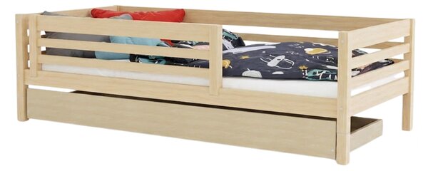 Vysoká dětská dřevěná postel TULY se zábranou a úložným šuplíkem 90x200 + matrace WAVE - Nelakovaná, S otevřeným vstupem
