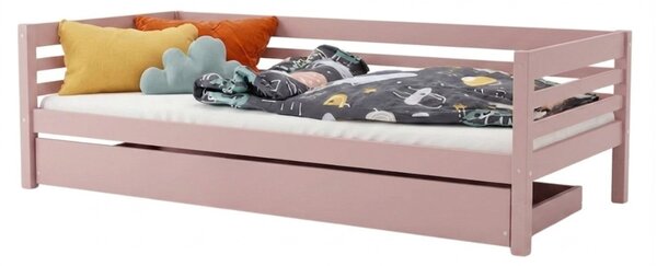 Vysoká dětská dřevěná postel TULY se zábranou a úložným šuplíkem 90x200 + matrace WAVE - Nelakovaná, S otevřeným vstupem