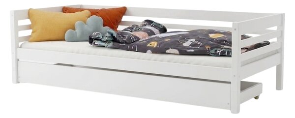 Vysoká dětská dřevěná postel TULY se zábranou a úložným šuplíkem 90x200 + matrace WAVE - Nelakovaná, S otevřeným vstupem