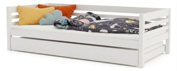 Vysoká dětská dřevěná postel TULY se zábranou a přistýlkou 90x200 + matrace WAVE - Světle šedá, S jednou zábranou