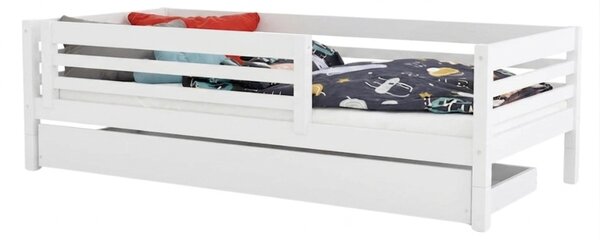 Vysoká dětská dřevěná postel TULY se zábranou a úložným šuplíkem 90x200 + matrace WAVE - Nelakovaná, S otevřeným vstupem