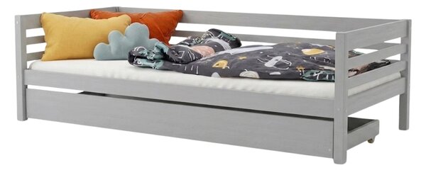 Vysoká dětská dřevěná postel TULY se zábranou a úložným šuplíkem 90x200 + matrace WAVE - Nelakovaná, S otevřeným vstupem