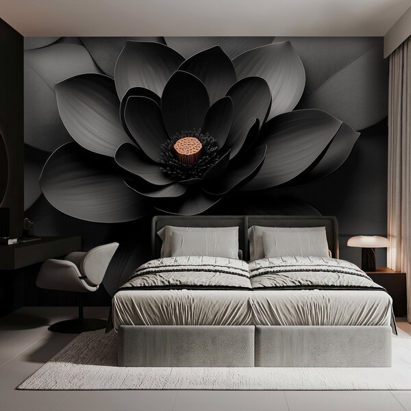 Fototapety Minimalistická černá květina s okvětními lístky a kontrastním teplým středem, Fototapety 3D, Fototapety 3d květiny, w09721 : uwalls.cz