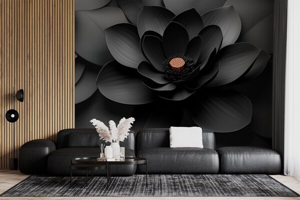 Fototapety Minimalistická černá květina s okvětními lístky a kontrastním teplým středem, Fototapety 3D, Fototapety 3d květiny, w09721 : uwalls.cz