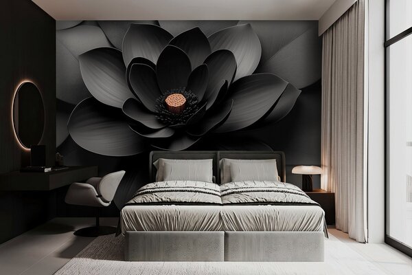 Fototapety Minimalistická černá květina s okvětními lístky a kontrastním teplým středem, Fototapety 3D, Fototapety 3d květiny, w09721 : uwalls.cz
