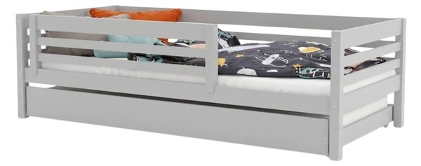 Vysoká dětská dřevěná postel TULY se zábranou a přistýlkou 90x200 + matrace WAVE - Světle šedá, S jednou zábranou