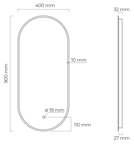 Oltens Nordlis zrcadlo 40x90 cm oválný s osvětlením s vyhřívací podložkou černá 64113300