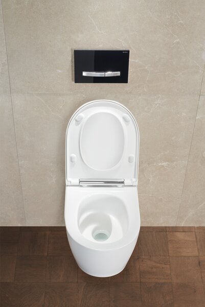 Geberit One wc mísa se sedátkem s pomalým sklápěním závěsná bez splachovacího kruhu s vírovým splachováním bílá lesk 500.201.01.1