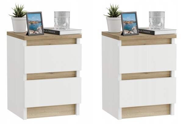 SADA 2 KS BÍLÝCH NOČNÍCH STOLKŮ S ODSTÍNEM DUBU 30x28 CM, STOLKY SE 2 ZÁSUVKAMI