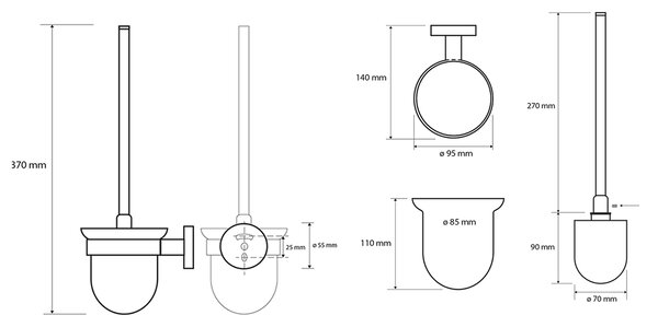 Sapho Sapho, X-ROUND BLACK WC kartáč nástěnný, miska mléčné sklo, černý, XR303B