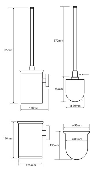 Sapho Sapho, X-ROUND WC kartáč válcový, malý, černý kartáč, chrom, XR305