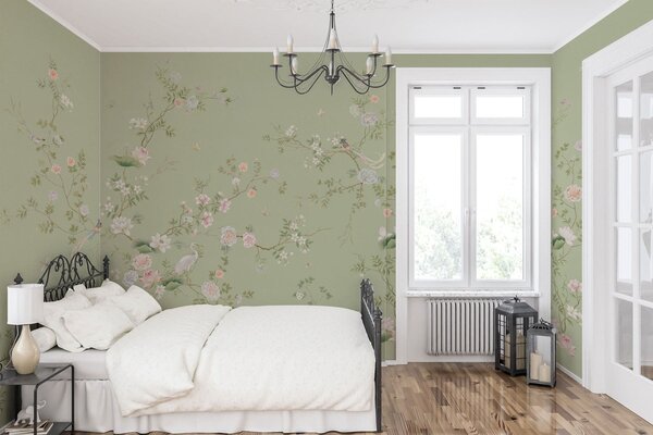 Fototapety Kvetoucí větve s ptáky na světle zeleném pozadí, Fototapety orientální, w05416 : uwalls.cz