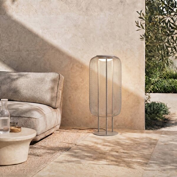 Lucande LED stojací lampa Korvyn, kamenně šedá, výška 80 cm, IP44, Hliník / šedá / zinek, kov, Design