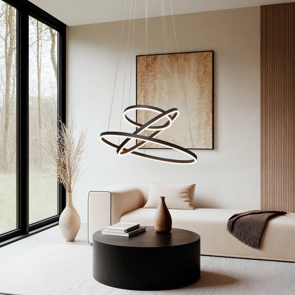 Arcchio Závěsné svítidlo LED Albiona, černé, 3 kruhy, Ø 80 cm, stmívatelný, Černá, kov, Moderní