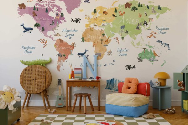 Fototapety Barevná mapa ve stylu akvarelu s vyobrazením zvířat, rostlin a architektury. Popisky v, Fototapety mapy světa, c00009de : uwalls.cz