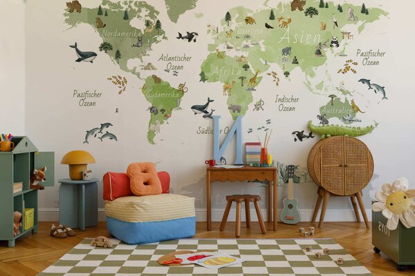 Fototapety Zelená mapa ve stylu akvarelu s motivy zvířat, rostlin a architektury. Popisky v němčině, Fototapety mapy světa, c00009dev2 : uwalls.cz