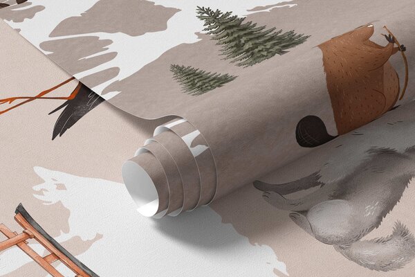 Fototapety Béžová mapa ve stylu akvarelu s motivy zvířat, rostlin a architektury. Popisky ve, Fototapety mapy světa, c00009frv3 : uwalls.cz