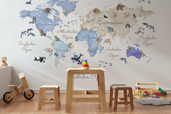 Fototapety Modrá mapa ve stylu akvarelu s motivy zvířat. Popisky v němčině, Fototapety dětské, c00012dev1 : uwalls.cz
