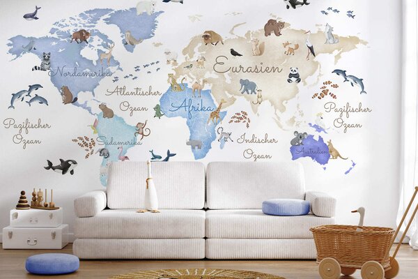 Fototapety Modrá mapa ve stylu akvarelu s motivy zvířat. Popisky v němčině, Fototapety dětské, c00012dev1 : uwalls.cz