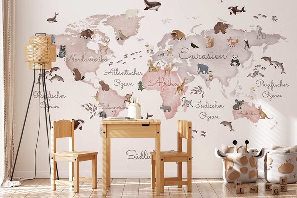 Fototapety Béžová mapa ve stylu akvarelu s motivy zvířat. Popisky v němčině, Fototapety dětské, c00012dev3 : uwalls.cz