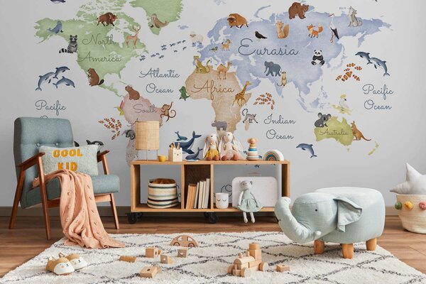 Fototapety Barevná mapa ve stylu akvarelu s vyobrazením zvířat. Popisky v angličtině, Fototapety mapy světa, c00012en : uwalls.cz