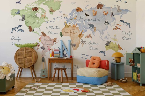 Fototapety Barevná mapa ve stylu akvarelu s vyobrazením zvířat. Popisky v angličtině, Fototapety mapy světa, c00012en : uwalls.cz