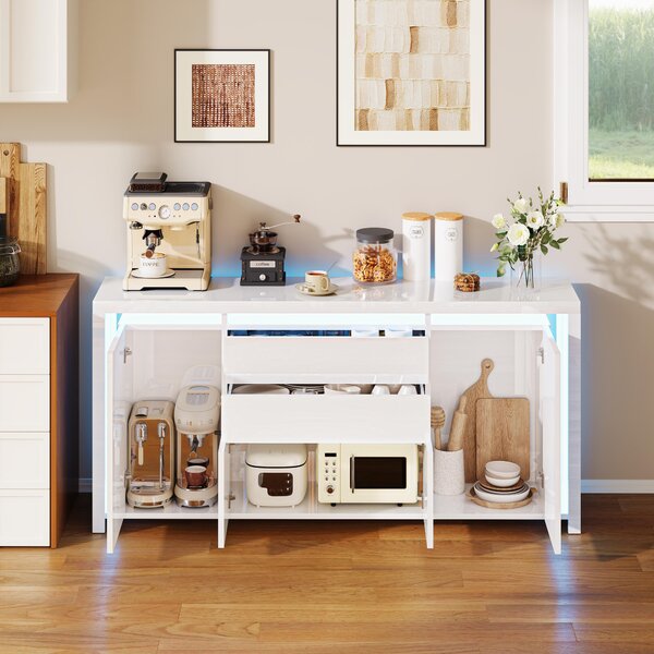 UnboxG Komoda bílá lesklá s LED, 4 dveřmi a 2 zásuvkami, úložný prostor pro obývací pokoj, úložný prostor a dekorace