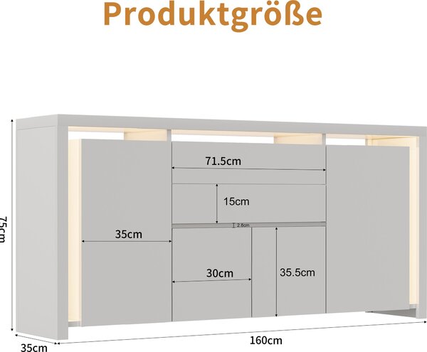 UnboxG Komoda bílá lesklá s LED, 4 dveřmi a 2 zásuvkami, úložný prostor pro obývací pokoj, úložný prostor a dekorace