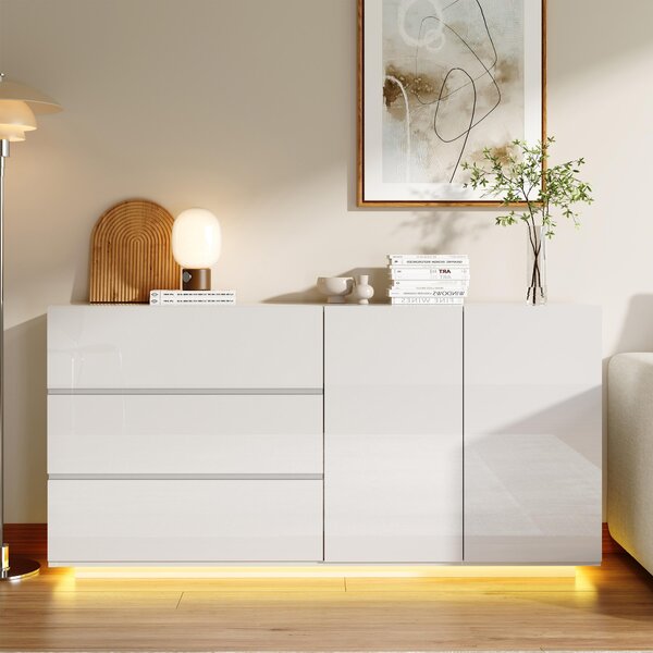 UnboxG Komoda, vysoký lesk, bílá, 160x35x76 cm, bez úchytek, se 3 zásuvkami a 2 dvířky, LED osvětlení s dálkovým ovládáním, moderní design
