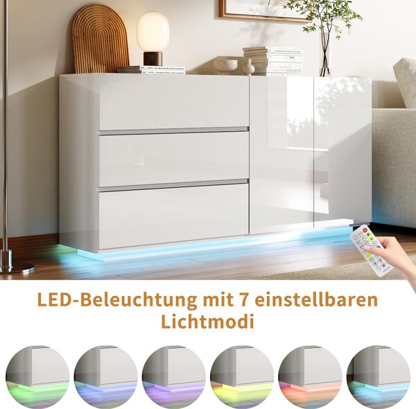 UnboxG Komoda, vysoký lesk, bílá, 160x35x76 cm, bez úchytek, se 3 zásuvkami a 2 dvířky, LED osvětlení s dálkovým ovládáním, moderní design