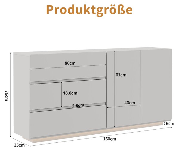 UnboxG Komoda, vysoký lesk, bílá, 160x35x76 cm, bez úchytek, se 3 zásuvkami a 2 dvířky, LED osvětlení s dálkovým ovládáním, moderní design