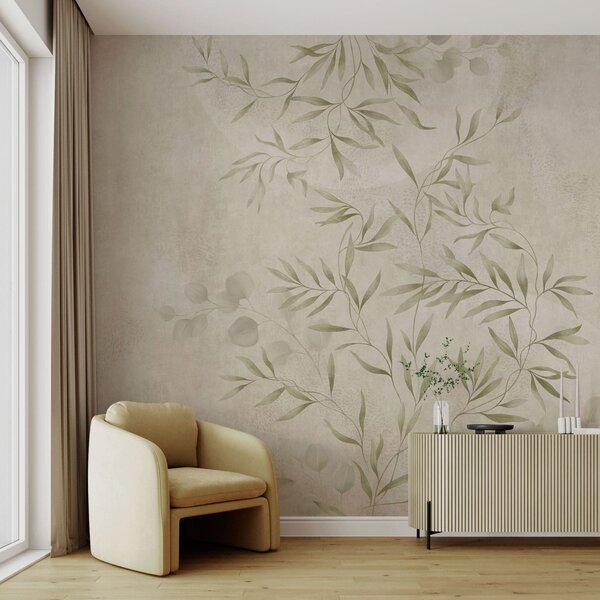 Fototapety Botanický vzor ve světle zelených odstínech na strukturovaném pozadí, Fototapety akvarel, w05424v1 : uwalls.cz