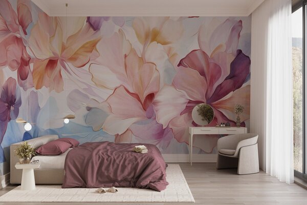 Fototapety Abstraktní fantazijní květiny v odstínech růžové, broskvové a levandulové, v malířském stylu,, Fototapety akvarel, w09767 : uwalls.cz