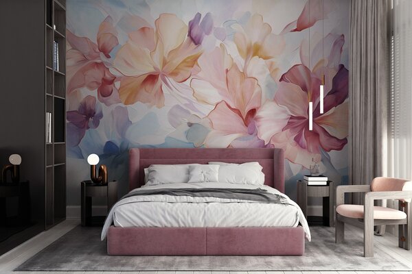 Fototapety Abstraktní fantazijní květiny v odstínech růžové, broskvové a levandulové, v malířském stylu,, Fototapety akvarel, w09767 : uwalls.cz
