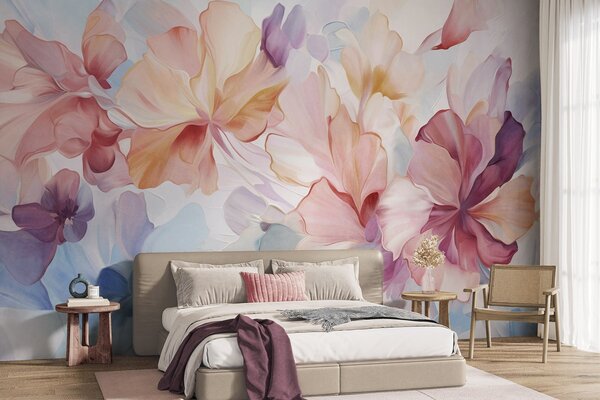 Fototapety Abstraktní fantazijní květiny v odstínech růžové, broskvové a levandulové, v malířském stylu,, Fototapety akvarel, w09767 : uwalls.cz