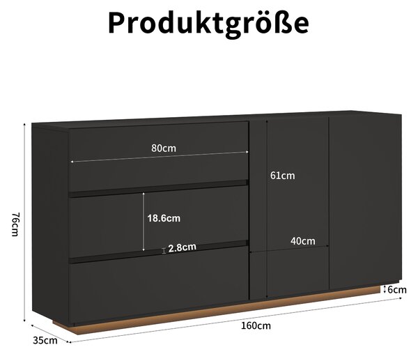 UnboxG Komoda, vysoký lesk, černá, 160x35x76 cm, bez úchytek, se 3 zásuvkami a 2 dvířky, LED osvětlení s dálkovým ovládáním, moderní design