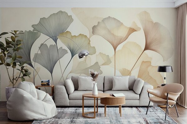 Fototapety Abstraktní listy ginkga v tlumených pastelových barvách, jako je modrá, zelená a broskvová,, Fototapety příroda, w09810 : uwalls.cz