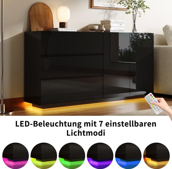 UnboxG Komoda, vysoký lesk, černá, 160x35x76 cm, bez úchytek, se 3 zásuvkami a 2 dvířky, LED osvětlení s dálkovým ovládáním, moderní design