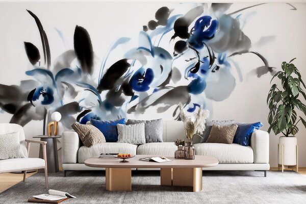 Fototapety Elegantní abstraktní květiny v orientálním akvarelovém stylu s modrými a černými akcenty,, Fototapety květiny, w09797 : uwalls.cz