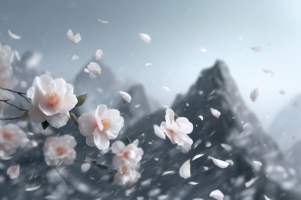 Fototapety Jemné květy třešňových stromů na pozadí hor, atmosférická japonská krajina v pastelových tónech, Fototapety květiny, w09808 : uwalls.cz