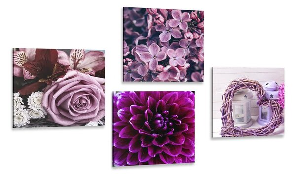 Set obrazů fialové květiny se srdíčkem