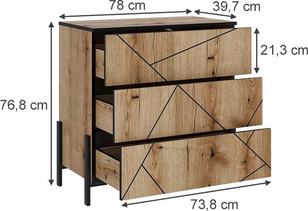 Kredenc Vicco Hatto Dub 78 x 76.8 cm se 3 zásuvkami, Model 56521